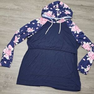 New BreastFeeding Maternity Hoodie Shirt Womans Sz XXL Ginkana Navy Blue Flowers